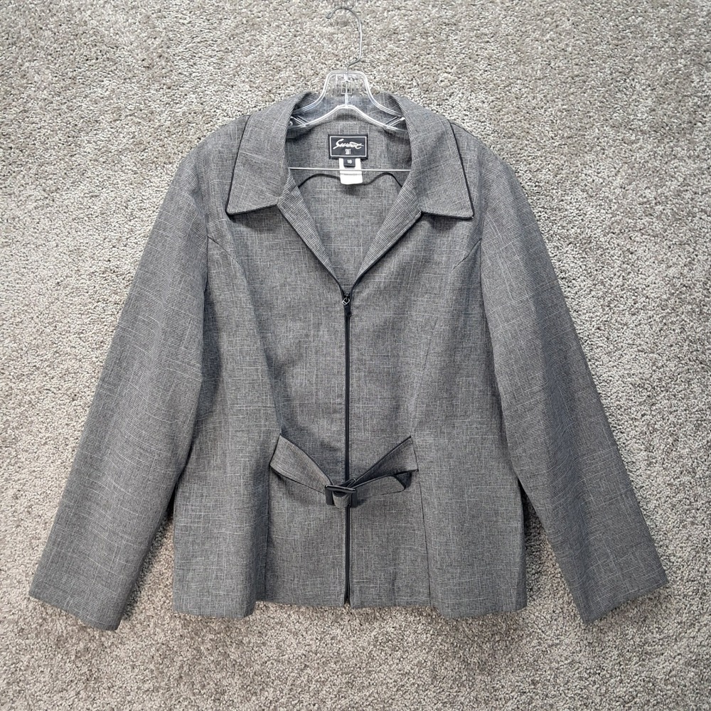 Sweet Suit Womens Grey Crosshatch Zip Front Belted Blazer Jacket Size 18